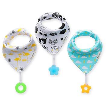 Baby Bandana Drool Bibs 3-Pack and Teething Toys 3-Pack Made with 100% Organic Cotton, Super Absorbent and Soft Unisex (Vuminbox) (White)