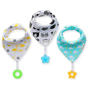 Baby Bandana Drool Bibs 3-Pack and Teething Toys 3-Pack Made with 100% Organic Cotton, Super Absorbent and Soft Unisex (Vuminbox) (White)